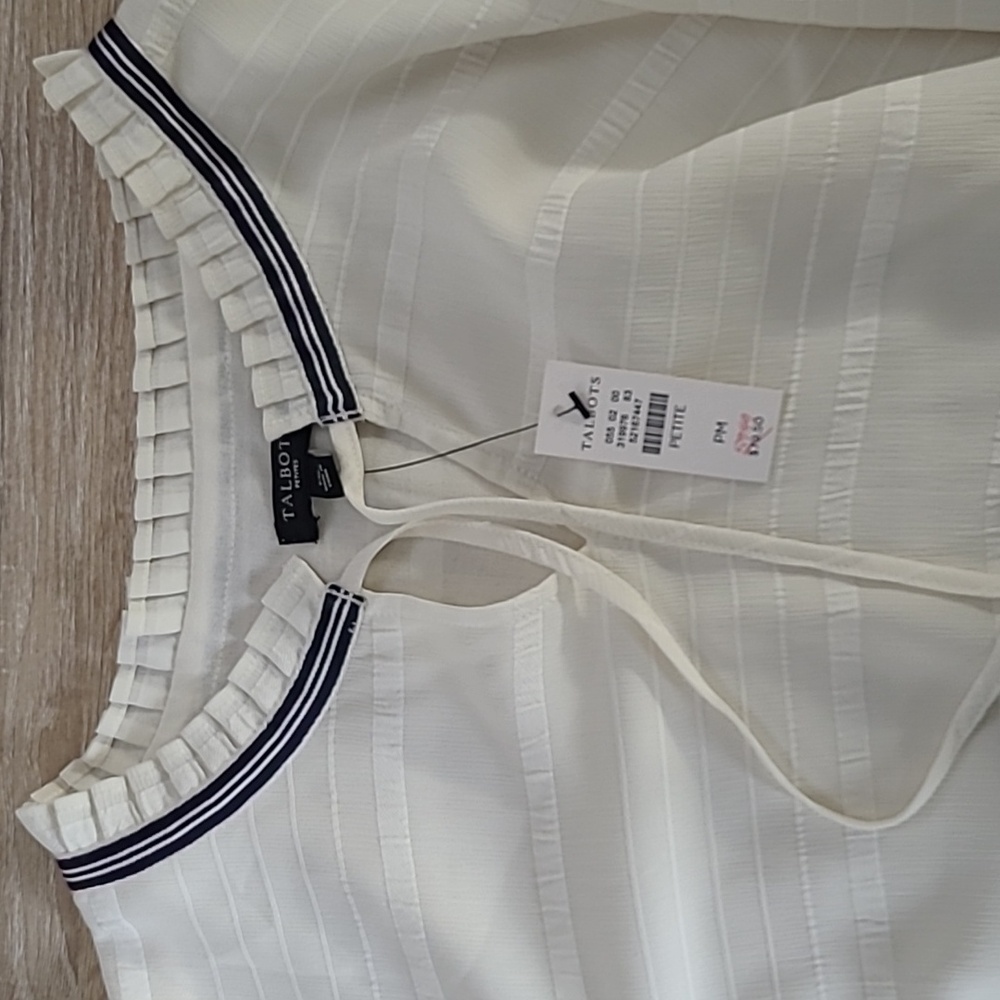 Talbots Boho Pintucked Tie Neck Blouse with Ribbon Detail in Ivory and Black - Picture 2 of 5
